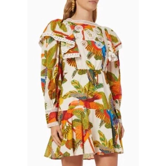 Farm Rio Tropical Birds Mini Dress Small Boho Ruffle Sleeve 100% Cotton - Picture 1 of 13